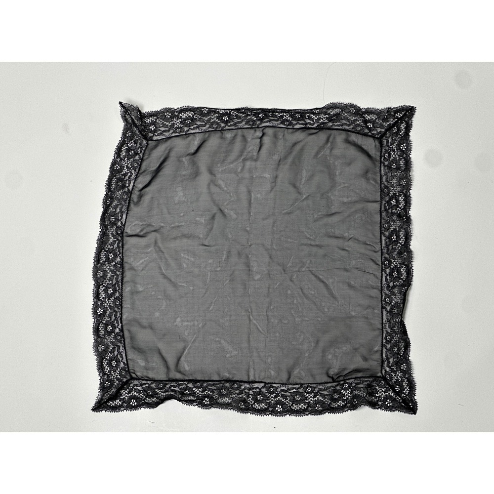 Vintage 1960s Black Lace Handkerchief Sheer Floral Border Square 15.5in - Picture 5 of 7